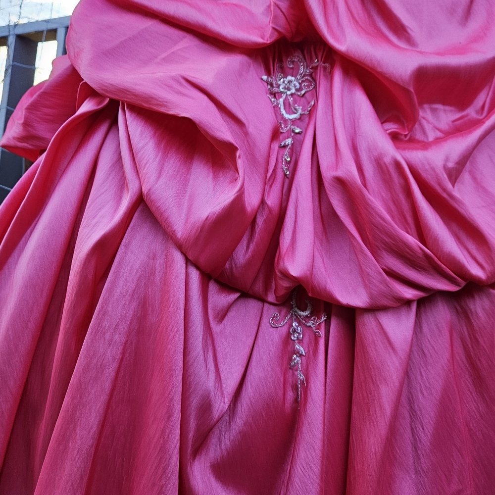 Watermelon Pink Embellished Strapless Gown - Picture 8 of 16